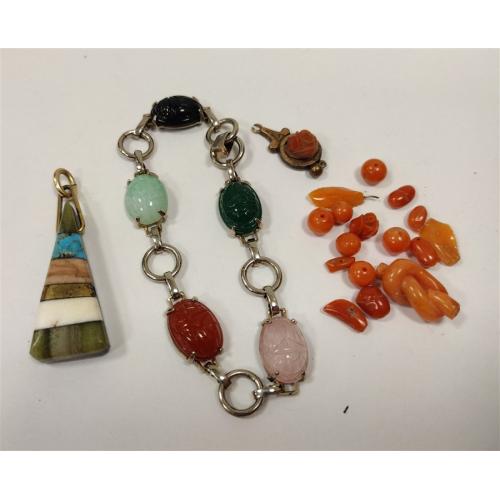 LOOSE CORAL BEADS, SANTA DOMINGO PENDANT, SCARAB BRACELET