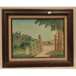 OIL PAINTING OF A GATE, LILACS AND MILK CAN