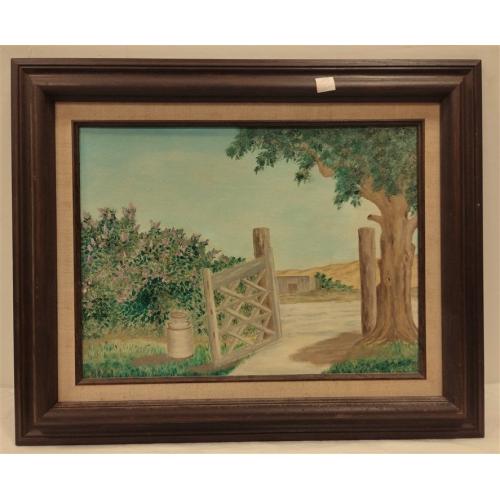 OIL PAINTING OF A GATE, LILACS AND MILK CAN