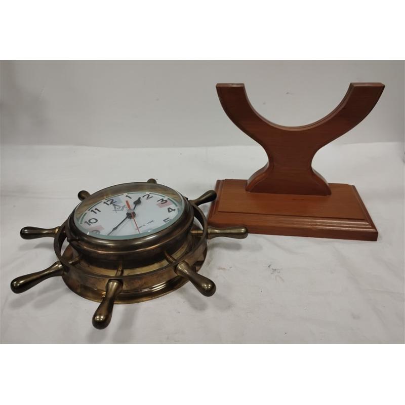 SHIP'S WHEEL CLOCK ON REMOVABLE STAND