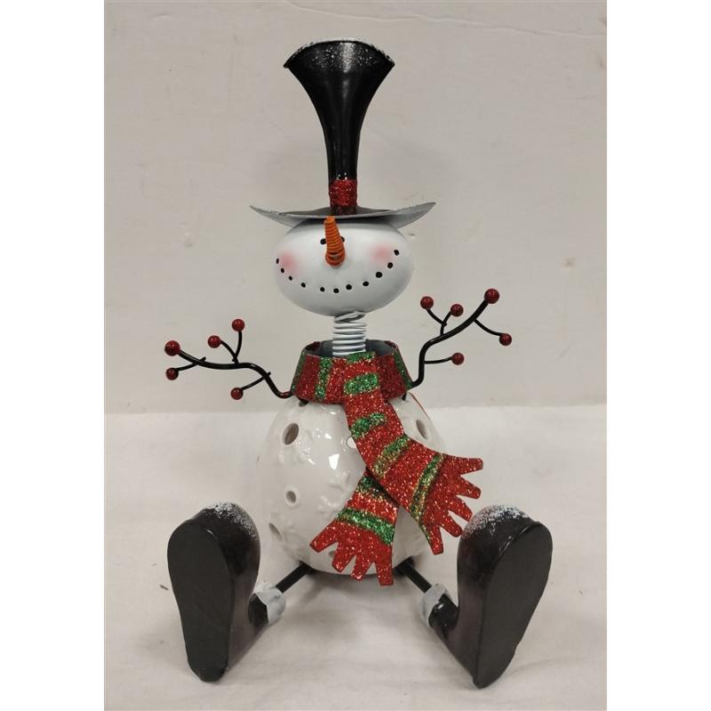 VINTAGE PIER 1 IMPORTS CERAMIC & TIN SNOMAN CANDLE HOLDER