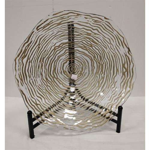 LARGE VINTAGE DECORATIVE ART GLASS BOWL WITH WROUGHT IRON STAND