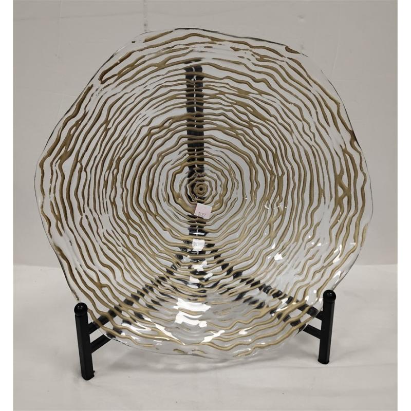LARGE VINTAGE DECORATIVE ART GLASS BOWL WITH WROUGHT IRON STAND