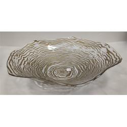 LARGE VINTAGE DECORATIVE ART GLASS BOWL WITH WROUGHT IRON STAND