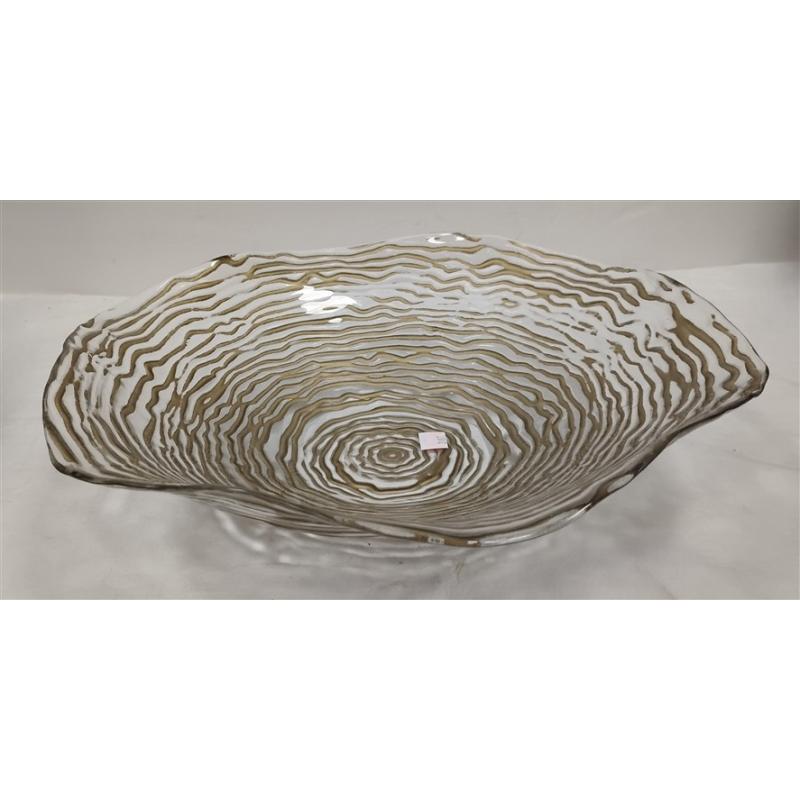 LARGE VINTAGE DECORATIVE ART GLASS BOWL WITH WROUGHT IRON STAND