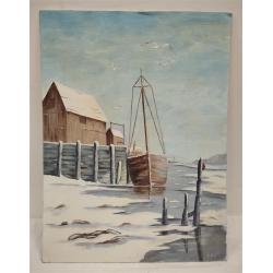 SMALL UNFRAMED PAINTING ON CANVAS BOARD OF A BOAT IN WINTER