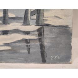 SMALL UNFRAMED PAINTING ON CANVAS BOARD OF A BOAT IN WINTER