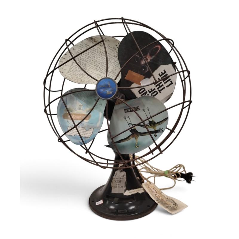 VINTAGE METAL TABLE FAN REPURPOSED INTO A DECORATIVE ART PIECE