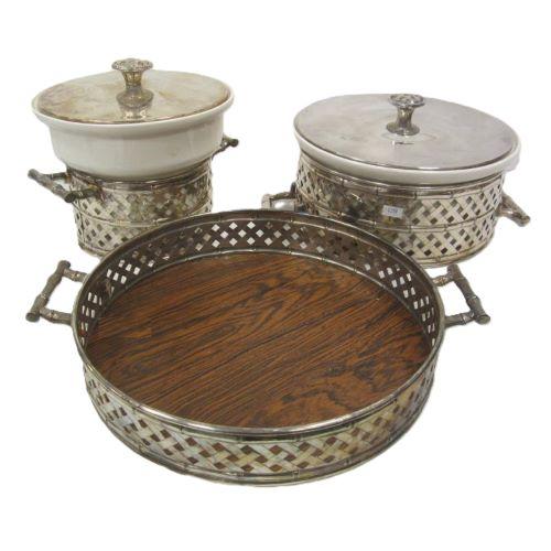 VINTAGE HALL POTTERY BAMBOO LATTICE SILVER PLATE SERVING SET