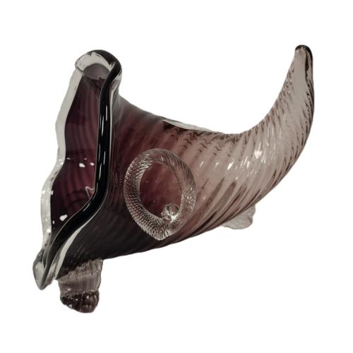 PURPLE ART GLASS CORNUCOPIA – SIGNED ON FOOT